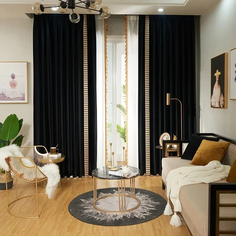 Light Luxury Mix and Match Black Blackout Velvet Curtains for Living Dining Room Bedroom
