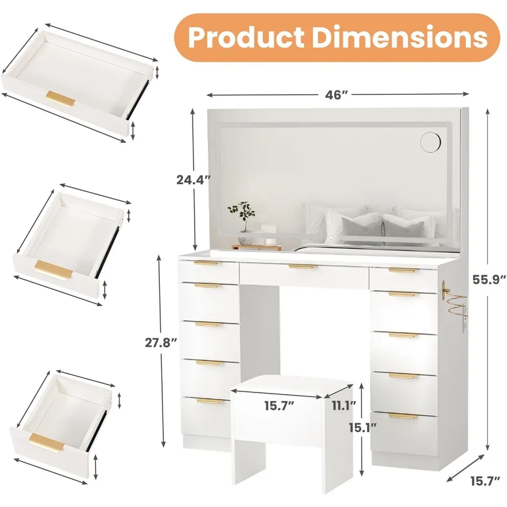 11 Drawers Vanity Desk with Golden Handles 3 Lighting Modes Glass Top Makeup Vanity Set with Chair