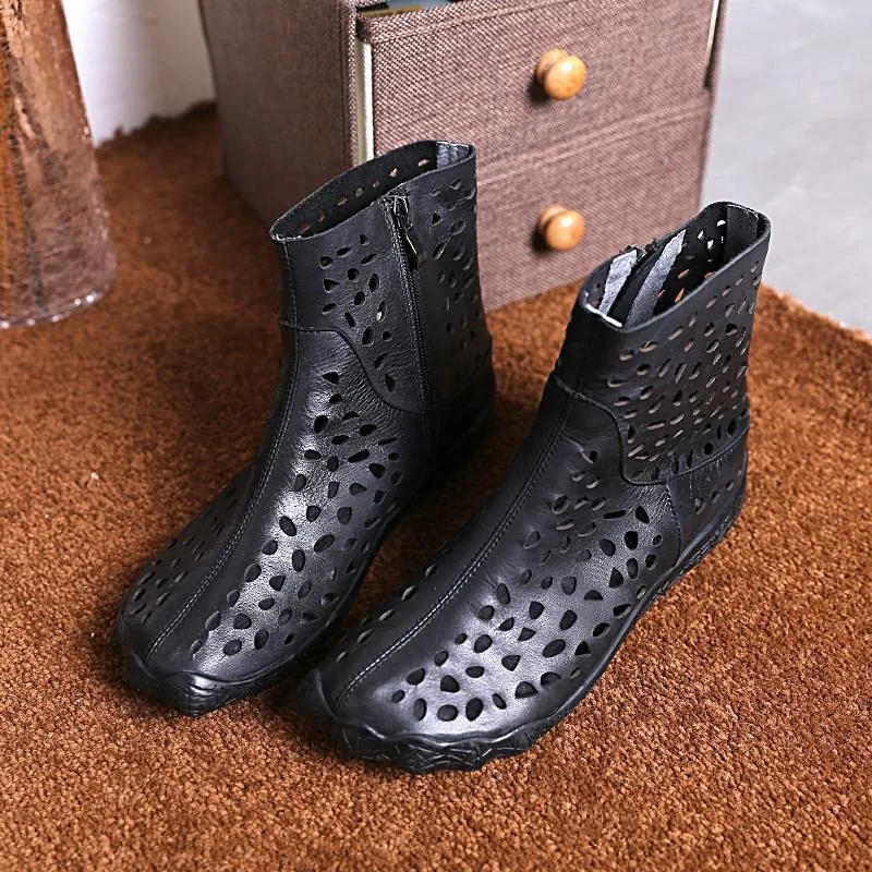 Birkuir Summer Hollow Out Ankle Boots For Women Genuine Leather Flat Heel Luxury Size Zip Platform Summer Boots High Top Shoes