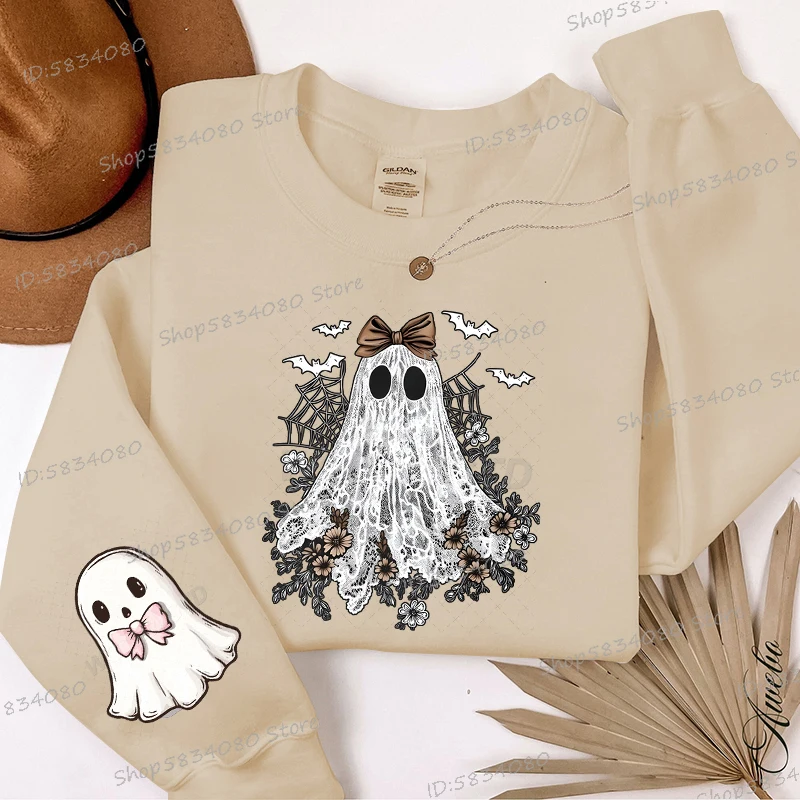 เสื้อสเวตเตอร์ลูกไม้ผีน่ารักฮาโลวีนจัมเปอร์ลายดอกไม้ผีสุดหลอนฤดูกาลเสื้อสำหรับผู้หญิงใหม่ฮาโลวีนเสื้อคลุมมีฮู้ดผีน่ารัก