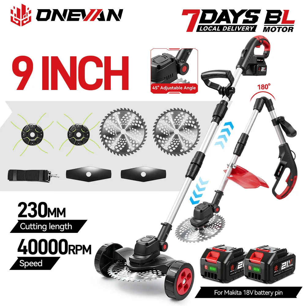 ONEVAN 9-Zoll Bürstenloser Elektrischer Rasenmäher Kabelloser Grasschneider Gartentrimmer Elektrowerkzeug für Makita 18V Akku