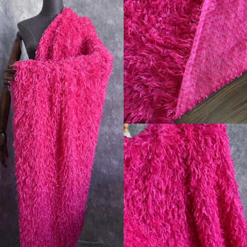 Rose Red Imitation Feather Tassel Elastic Knitted Fabric Stage Performance Clothing Background Shooting Designer Lace Fabric DIY