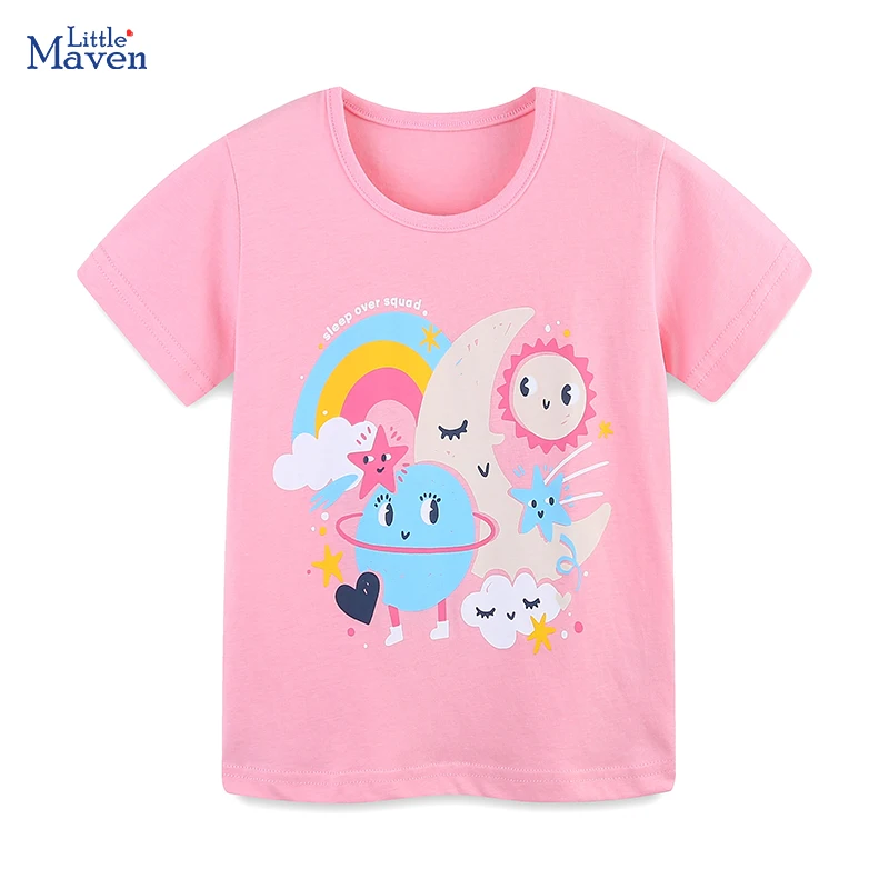 Little maven New Summer Cute Kids Clothes Baby Girls Cartoon sleep over squad T-Shirts Toddler Moons Rainbow Tops Pink Girl Tees