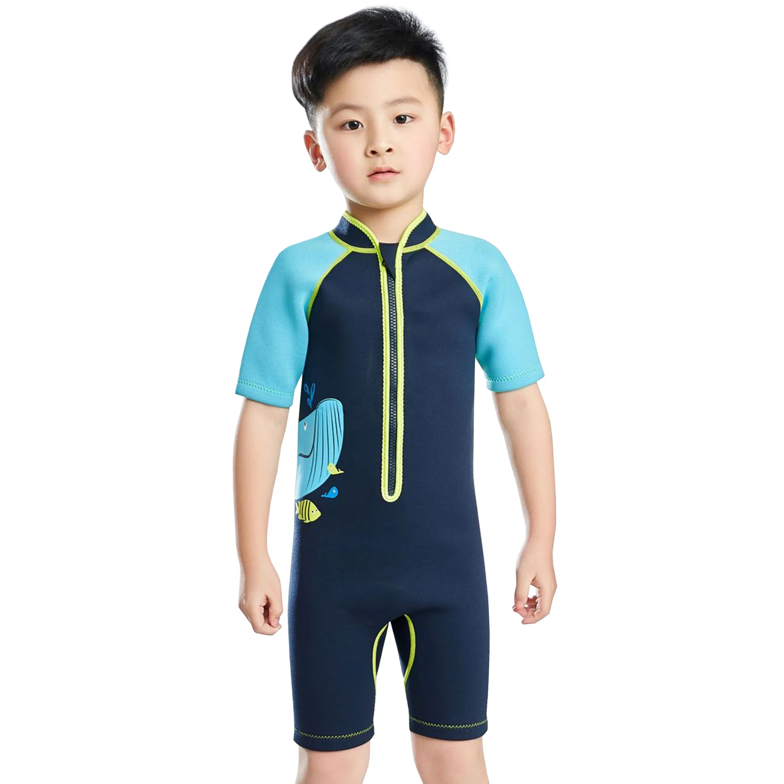 Children's One-Piece Swimming Suifing Shorty Diving WearShort Sleeve Toddlers Kids Swimsuits Front Zipper Baby Boys Wetsuits