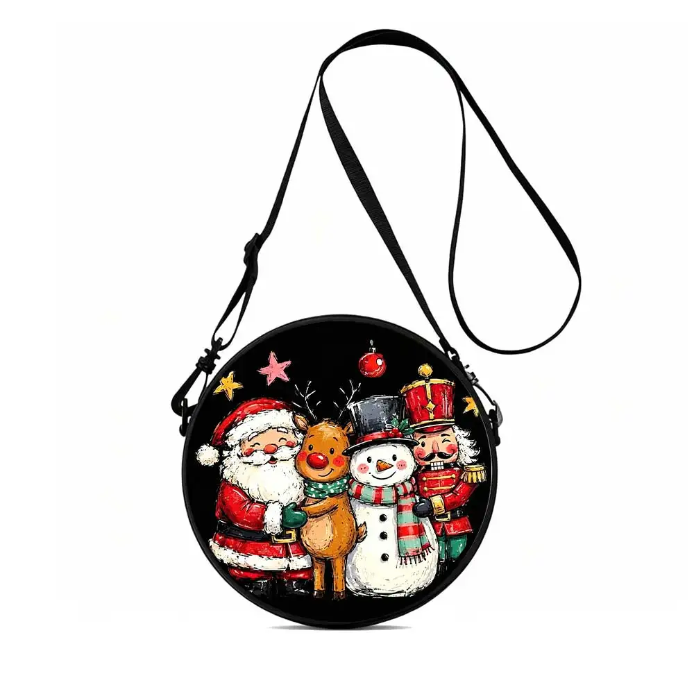 Christmas Carolers Gathering Print Round Women Shoulder Bag, adjustable crossbody strap, 2D flat, casual daily purse, ideal gift
