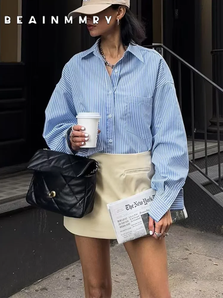 Camisa a rayas azules, blusa informal para mujer, camisa de manga larga con una hilera de botones, camisas elegantes de gran tamaño para ir al trabajo para mujer 2025