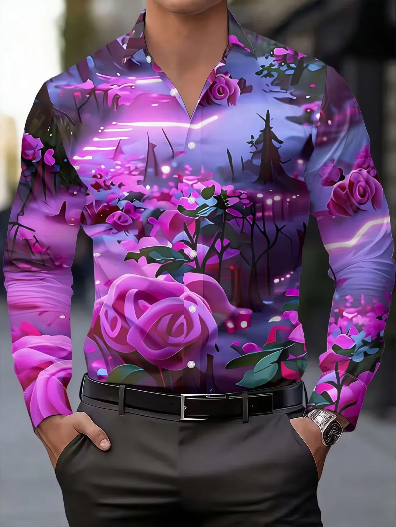 Men Long Sleeve Turn‑down Collar Button‑Up Shirt Fantasy Neon Purple Rose Scenery Print Casual Party Outfit For Male