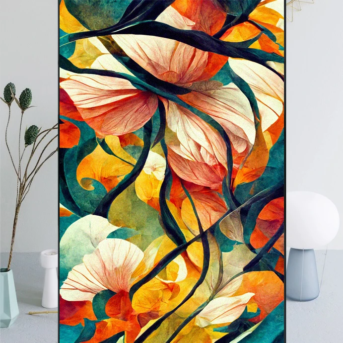 Colorful Flowers  Privacy Window Film Static Sticker Glass Adhesive Free Anti UV Heat Resistant Home Door Sticker Bathroom Doors