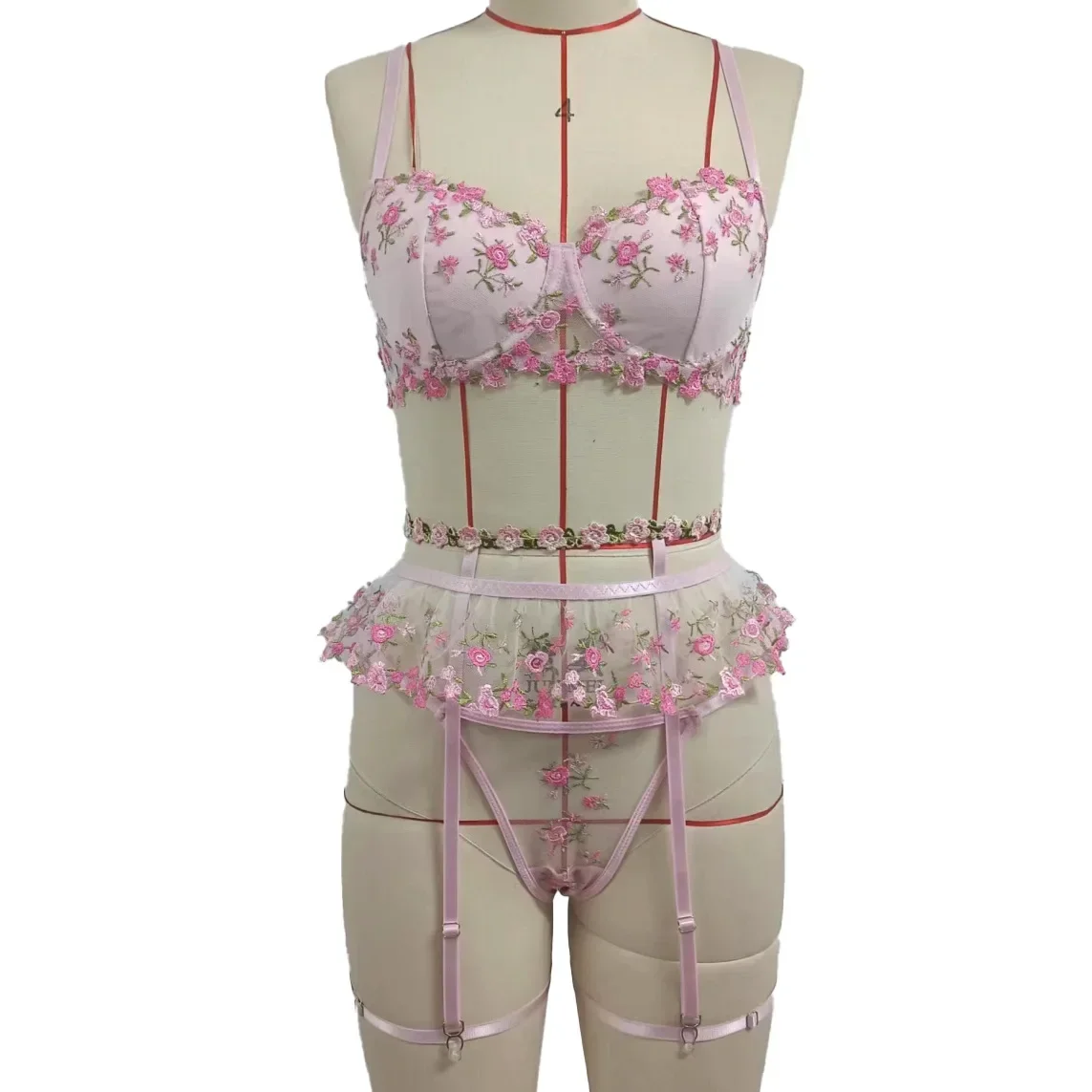 

Sexy Floral Embroidery Lingerie Set Autumn Pure Desire Style Hollow Out Lace Underwear Bra Female Sweet Pink Exotic Apparel Suit