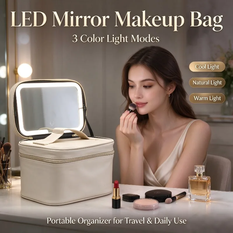 LED Vanity Mirror Makeup Bag, 3 Color Light Modes, Portable Cosmetic Organizer Case for Women, Travel and Daily Makeup