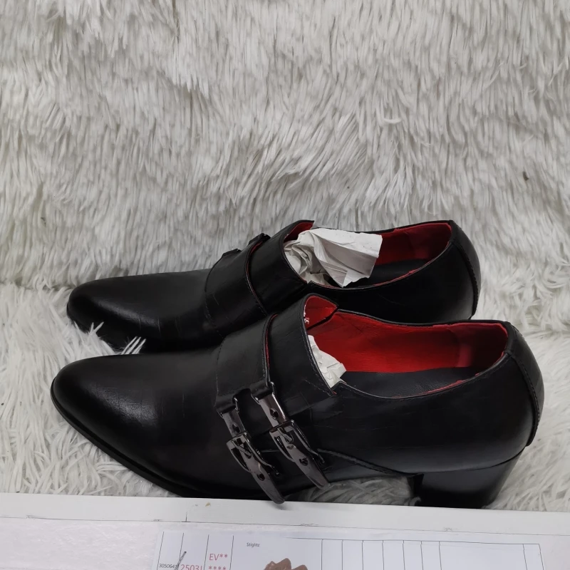 

Pointed Toe High Heels Leather Shoes for Men Double Metal Belt Buckle Dress Shoes Slip On Business Formal Party Men's Shoes 6Cm