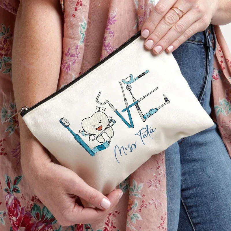 Teeth Pattern Name Custom Canvas Storage Pouch Travel Lipstick Cosmetic Bag Wallet Office Supplies Pencil Case Gift for Dentists