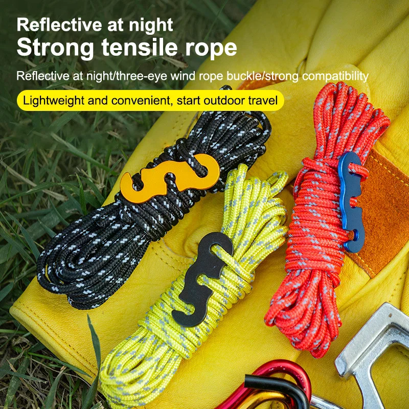 Camping Ropes Outdoor Reflective Tent Rope Reinforced Windproof Ropes With Buckle For Tent Tarp Canopy Accessories