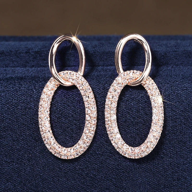 2026 Simple Fashion Geometric Dangle Earrings Rose Gold Color Cubic Zirconia Hanging Earrings for Women Versatile Chic Jewelry