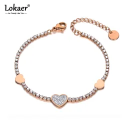 Lokaer Trendy Clay Rhinestone Heart Charm Bracelet For Women Stainless Steel CZ Crystal Link Chain Bracelet For Christmas B19134