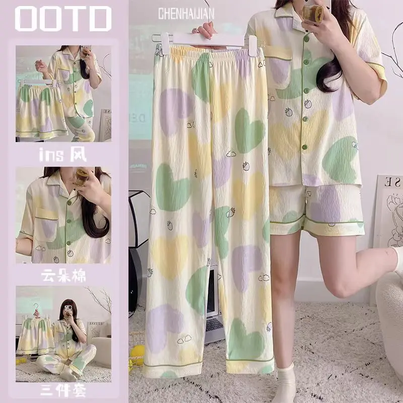 Set piyama Satin wanita motif bunga celana lengan pendek 3 potong baju tidur wanita santai piyama pakaian wanita Pj