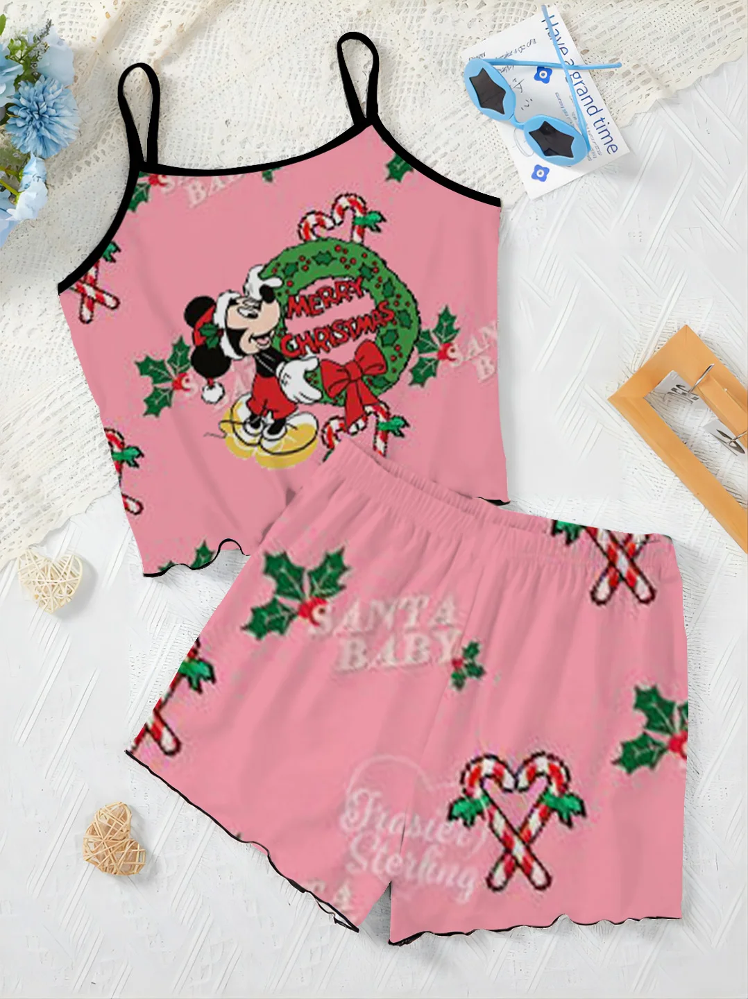 Elegant Women's Sets for Women 2 Pieces Disney Slip Dress Mickey Lettuce Trim Christmas Pajama Skirt Minnie Mouse T-shirt Short