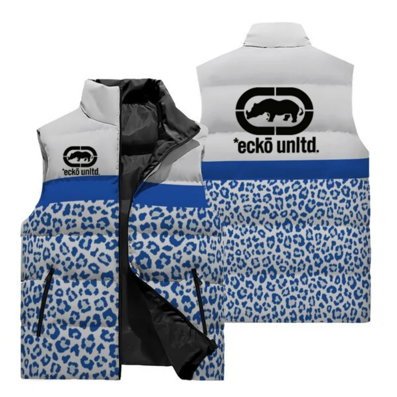 Men Warm Sleeveless Puffer Vest Ecko Unltd Rhino Logo White‑Blue Leopard Patchwork Stand Collar Zipper Pocket Streetwear Hip‑Hop