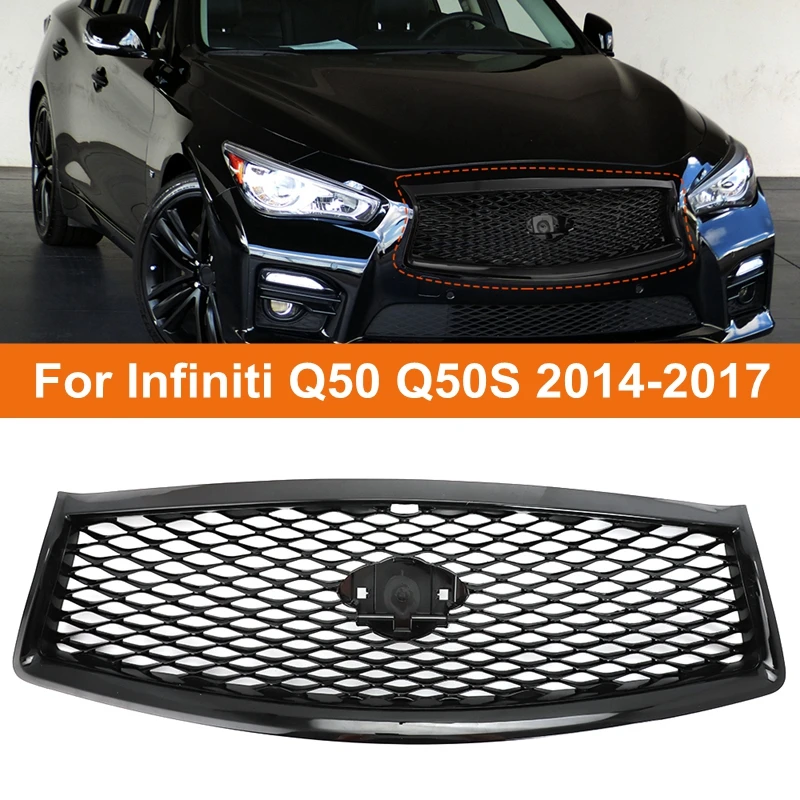 For Infiniti Q50 Q50S 2014-2017 All Models Front Grille Replacement Racing Grill Car Upper Bumper Hood Mesh Grid Kit Gloss Black