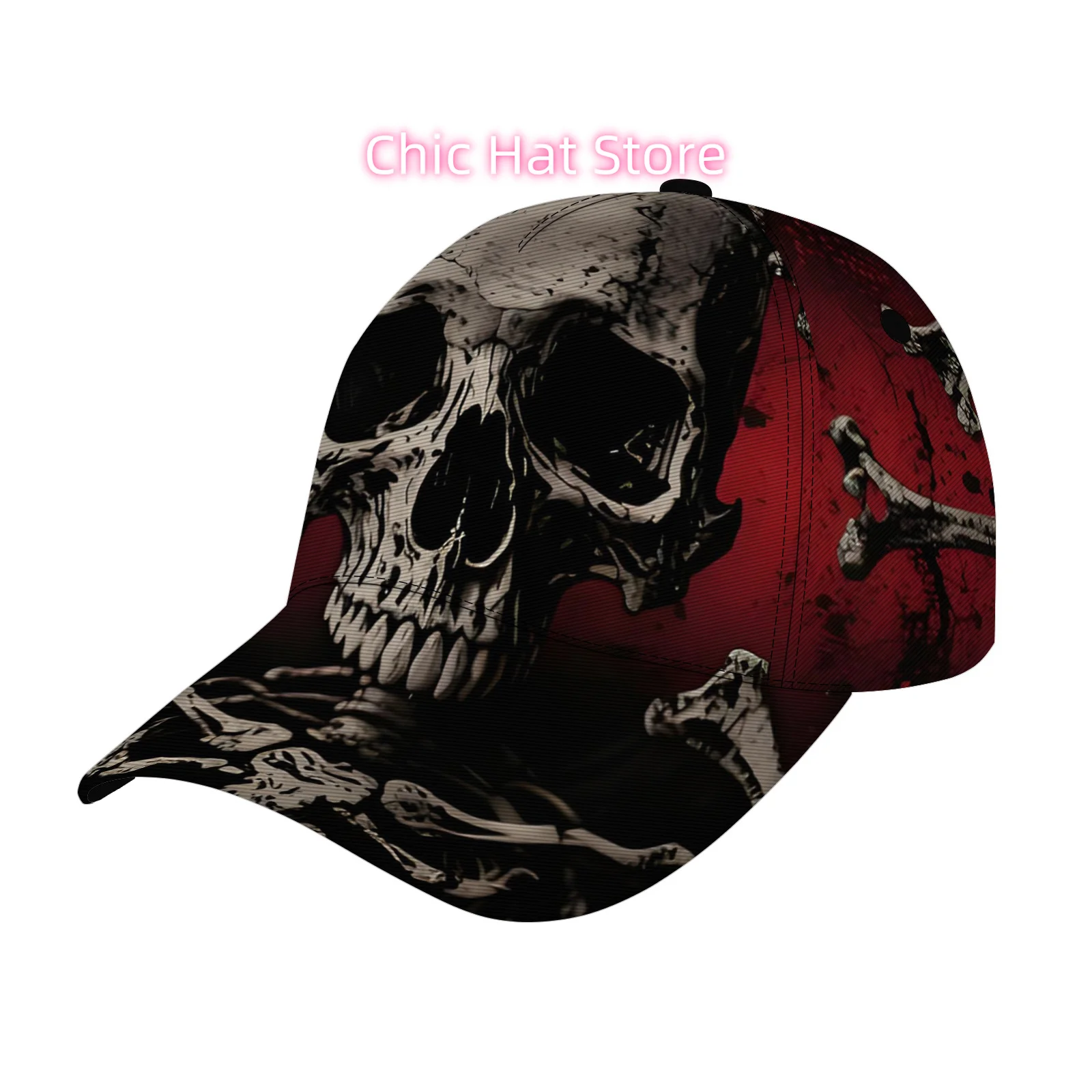 New Product Launch! A Trendy Choice! Adjustable Red And Gray Skull Print Hat, Perfect for Everyday Wear