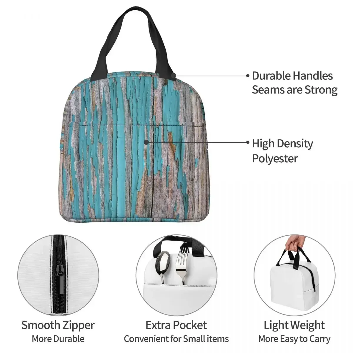 Shabby Rustic Weathered Wood Turquoise Insulated Lunch Bags Portable Picnic Bags Thermal Lunch Tote for Woman Work Children