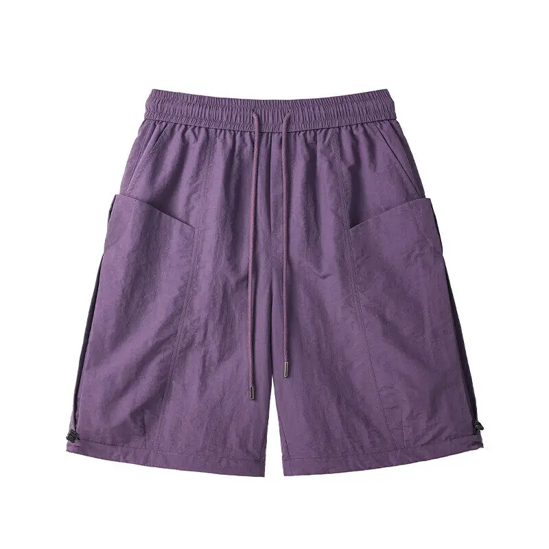 Celana Pendek Kargo Cepat Kering Pria dengan Pinggang Elastis & Tali Serut Longgar Warna Solid Saku Besar Pakaian Kerja Celana Pendek Kasual M-5XL