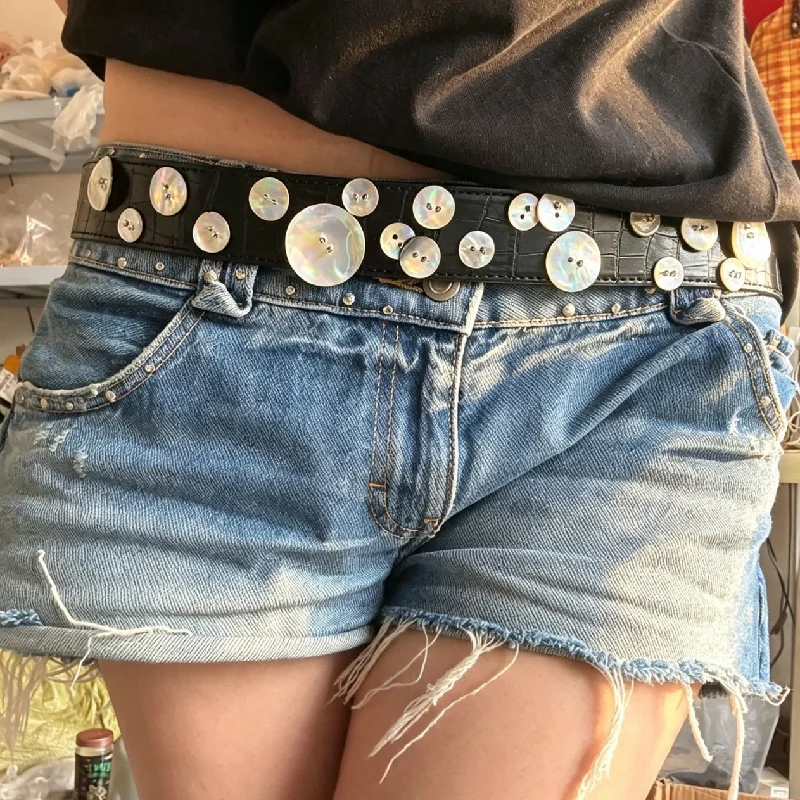 Y2k Shiny Pearl Shell Button Belt Vintage Black Croc Embossed Waist Belt Boho Chic Punk Jeans Waistband  Fashion Accessories