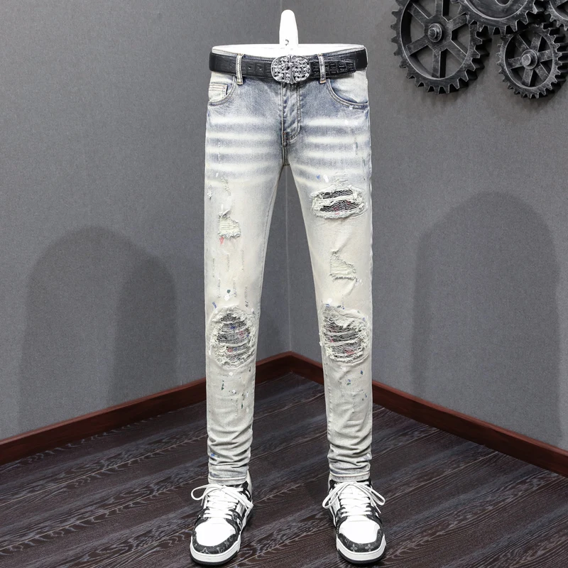 High-Quality Men's Slim Fit Jeans Street Fashion Nostalgic Stretch Washed Light Blue Patchwork Patches Pleats