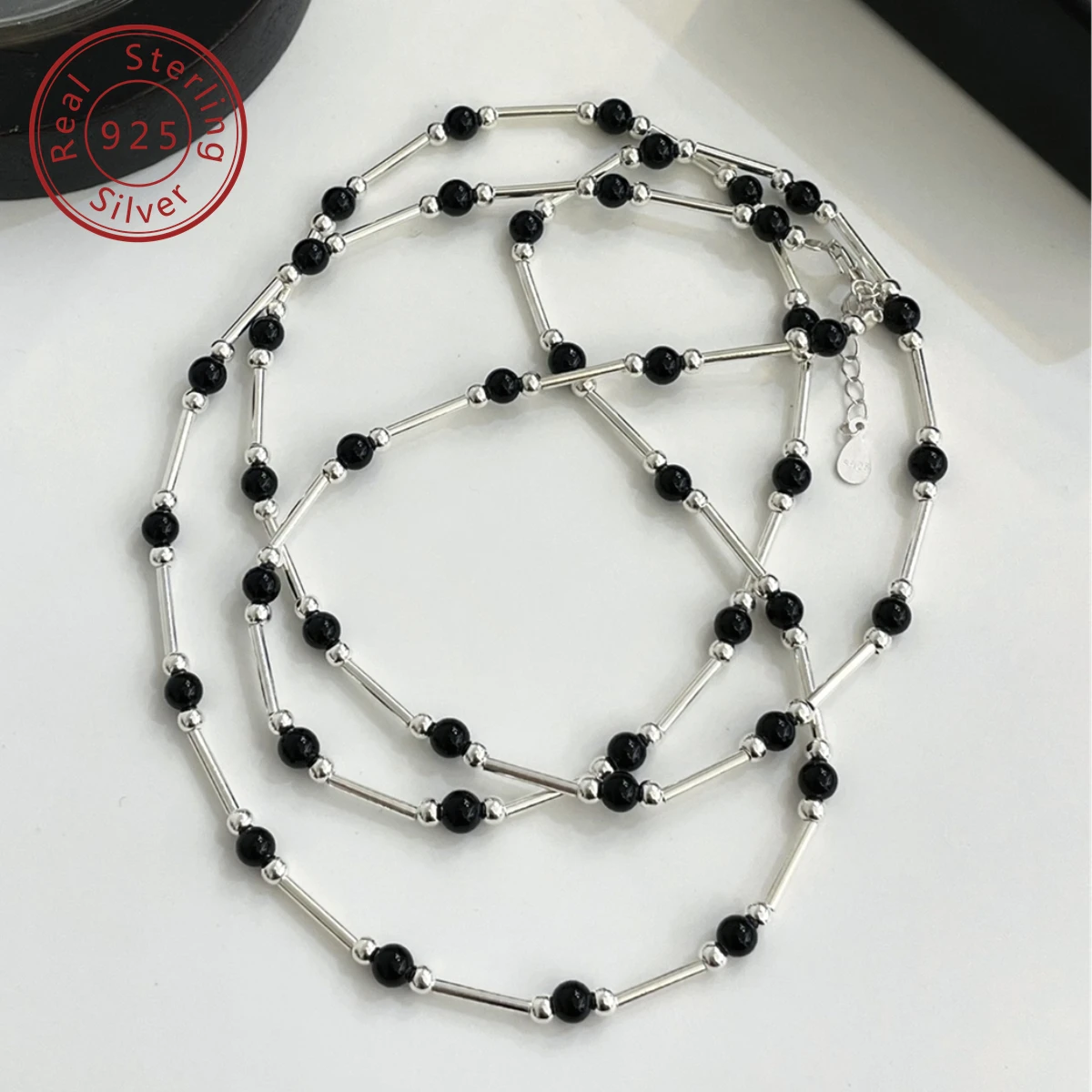 925 Silver Autumn/Winter New Natural Black Agate Silver Tube Sweater Necklace, Full Personality, Cold Bland and Advanced feeling