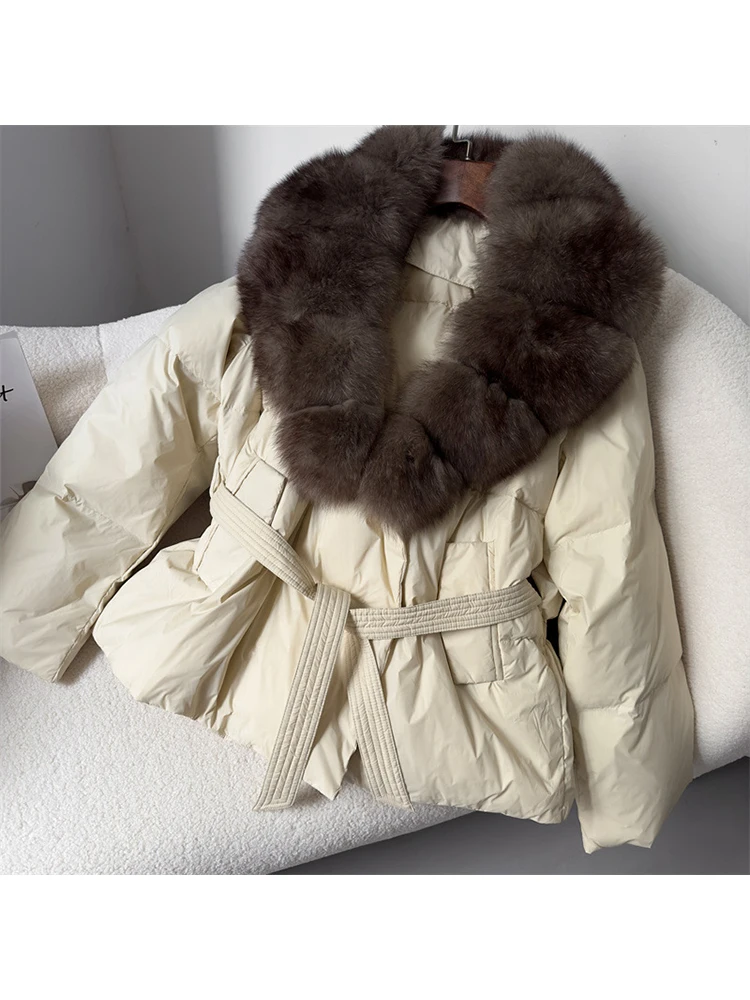 Mumaroho 2024 Autumn Winter Women 90% White Duck Down Jacket Fox Fur Coat Parkas Feather Short Puffer Coat