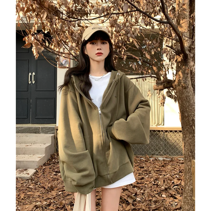 

Women's Clothing ArmyGreen Hooded Outerwear Korean Fashion Hip Hop Vintage Thicken Lazy Wind Winter Cardigan Zipper Coat Tops