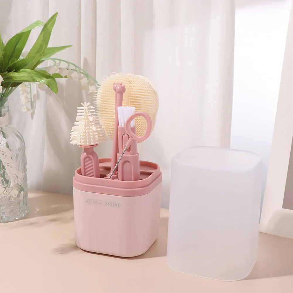 6pcs/set Multi-functional Milk Bottle Cleaning Brush Set Eyedropper Brush Anti-lost Pacifier Straw Scrubber Silicone