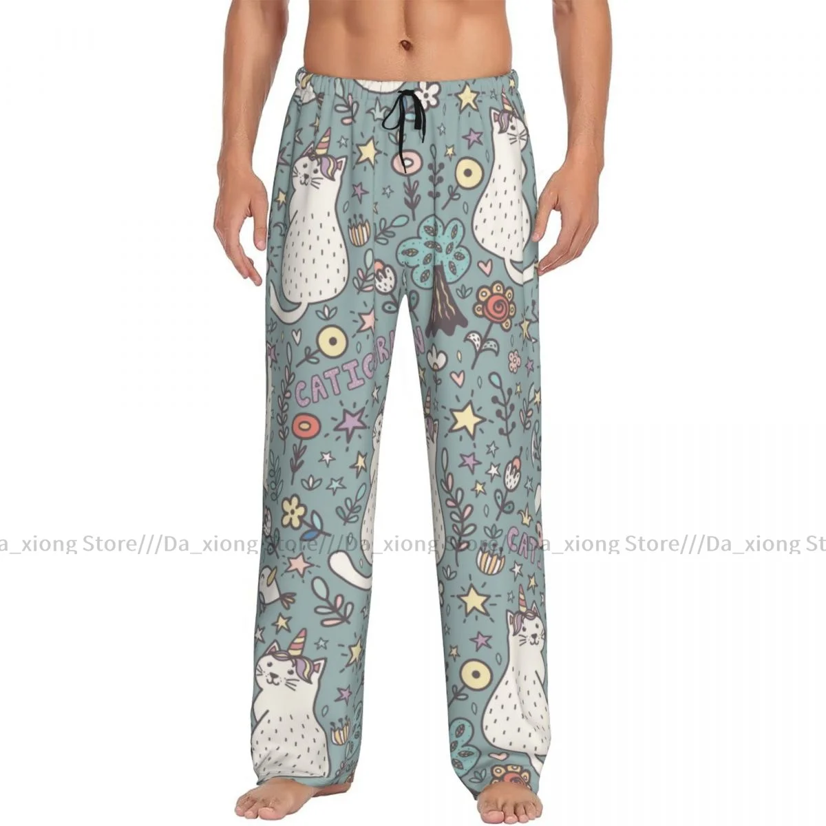 Mens Casual Pajama Long Pant Loose Elastic Waistband Cat Unicorn Magic Pattern Cozy Sleepwear Home Lounge Pants