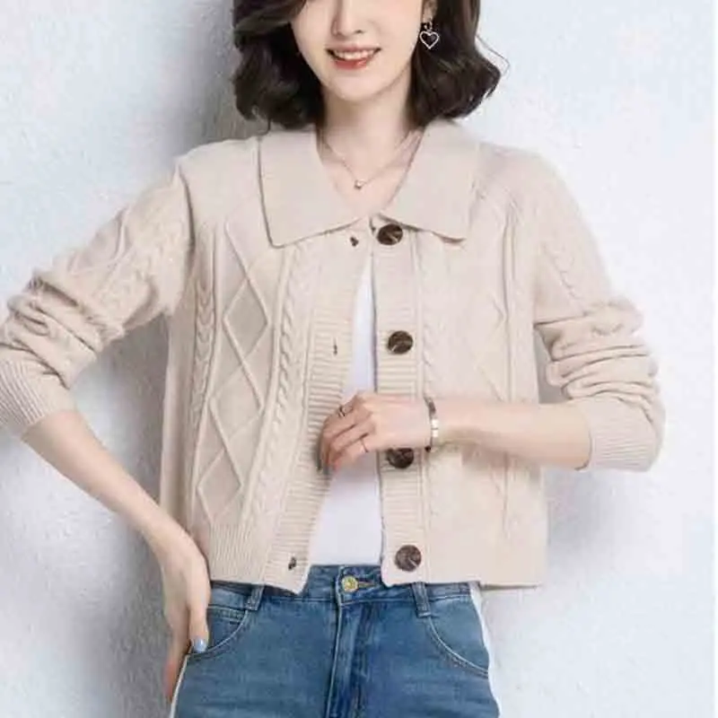 

Lucyever Vintage Twist Knitted Cardigan Women Autumn Winter Turndown Collar Button Up Sweater Solid Long Sleeve Short Jersey Top
