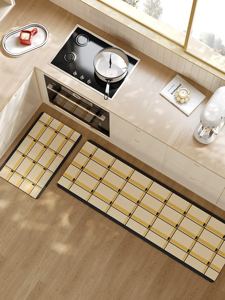 Plaid Kitchen Mat Minimalism Non-slip Waterproof Oil-proof Kitchen Carpet Home Decoration PVC Leather Washable Floor Mats 주방매트