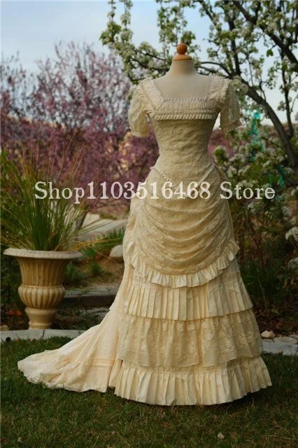 Vintage Ginger Victorian Prom Dress Square Neck Short Sleeve Corset Corset Pleated A-Line Gown Medieval Party Dresses