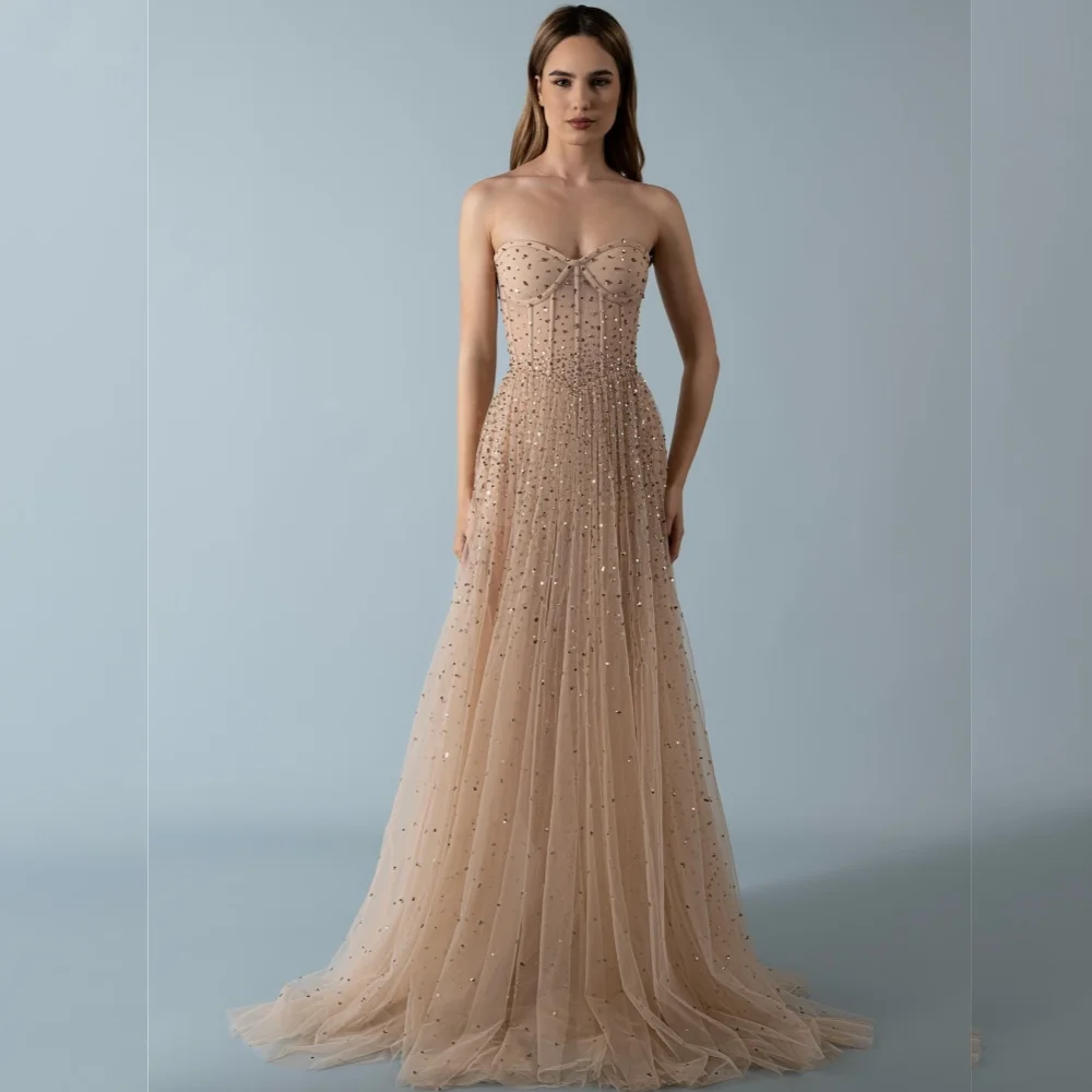 

Customized High Quality Net Sequined Pleat A-line Strapless Long Dresses Bespoke Occasion Sparkle Formal