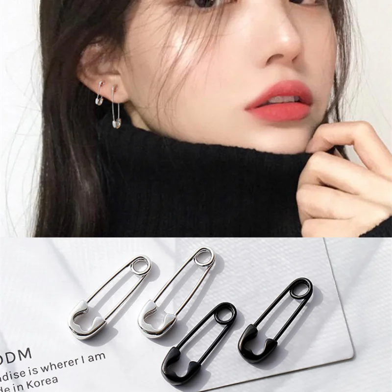 2021 Creative Unisex Punk Rock Style Safety Pin Ear Hook Stud Earrings Stainless Steel Pin Earring Jewelry for Women Men 1pcs