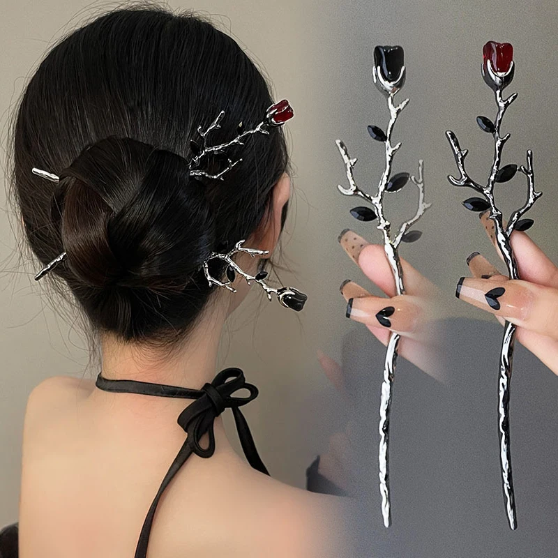 Rose Flower Hair Sticks Vintage Metal Hairsticks Hairpins Chinese Style Hair Chopsticks Back of Head Hair Clasp Hair Accessories