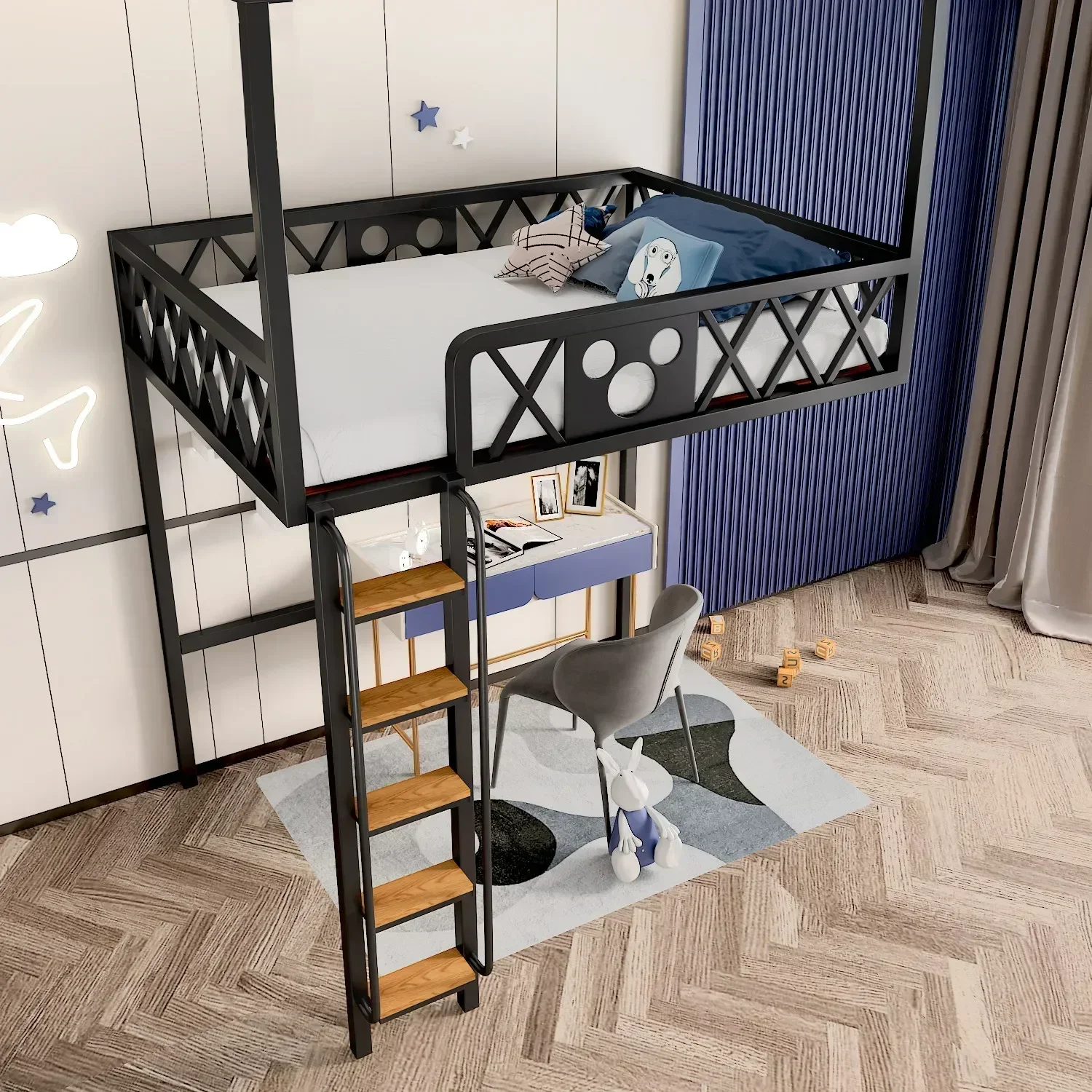 Hot SalesSimple And Luxury Iron Art Hanging Bed Small Unit Multifunctional Penthouse Suspended Elevated Second Floor Student