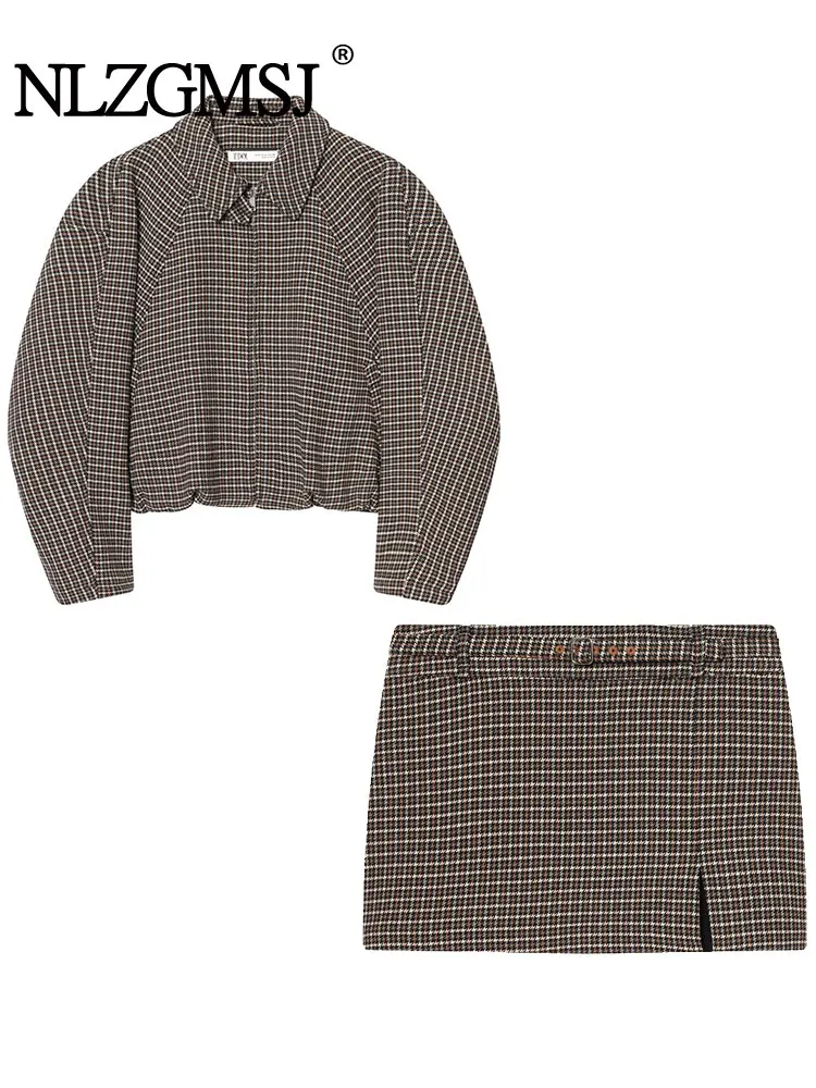 Nlzgmsj 2025 الخريف عادية شيك مكتب سيدة نساء منقوشة سستة منفذها منقوشة التنانير الصغيرة قطعتين مجموعات الموضة