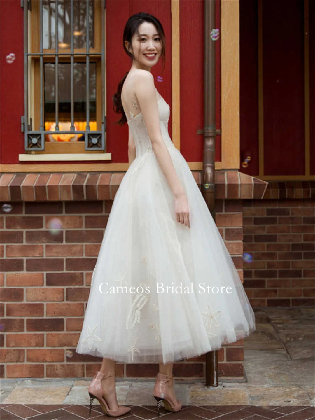 SONDR Fashion Korea Spaghetti Straps Short Tulle T-Length Wedding Dresses Photo Shoot Corset Customized Bridal Gown