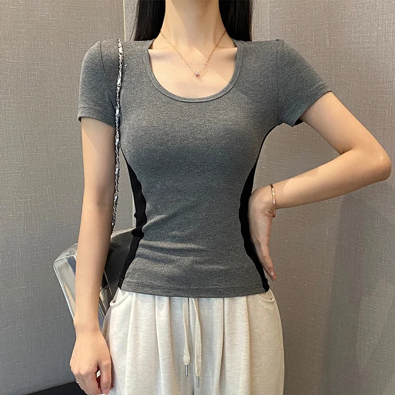 

Summer cotton Color block t shirts Women‘s simple O-neck Short-sleeve T-shirt casual Slim Elastic Skinny y2k Tops women clothes
