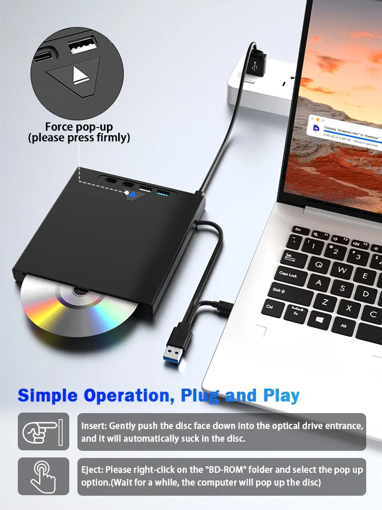 7-IN-1 External Blu ray Drive Support 100GB BD/CD/DVD Read and Write Optical Drive CD Player Burner for Laptop PC Windows Mac OS