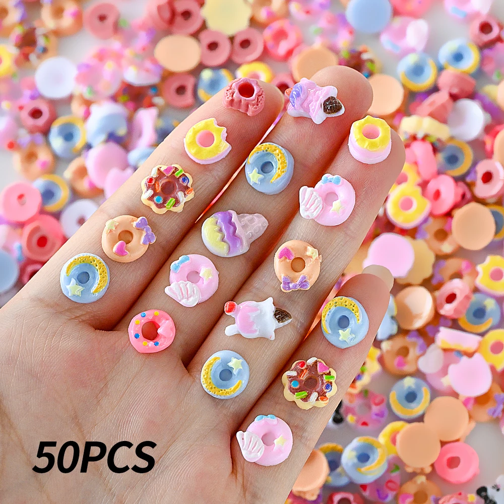 50szt 3D Cute Donut Ice Cream Nail Charms Resin Sweet Doughnut Candy Cartoon Nail Art Decorations Flatback Nail Art Rhinestones