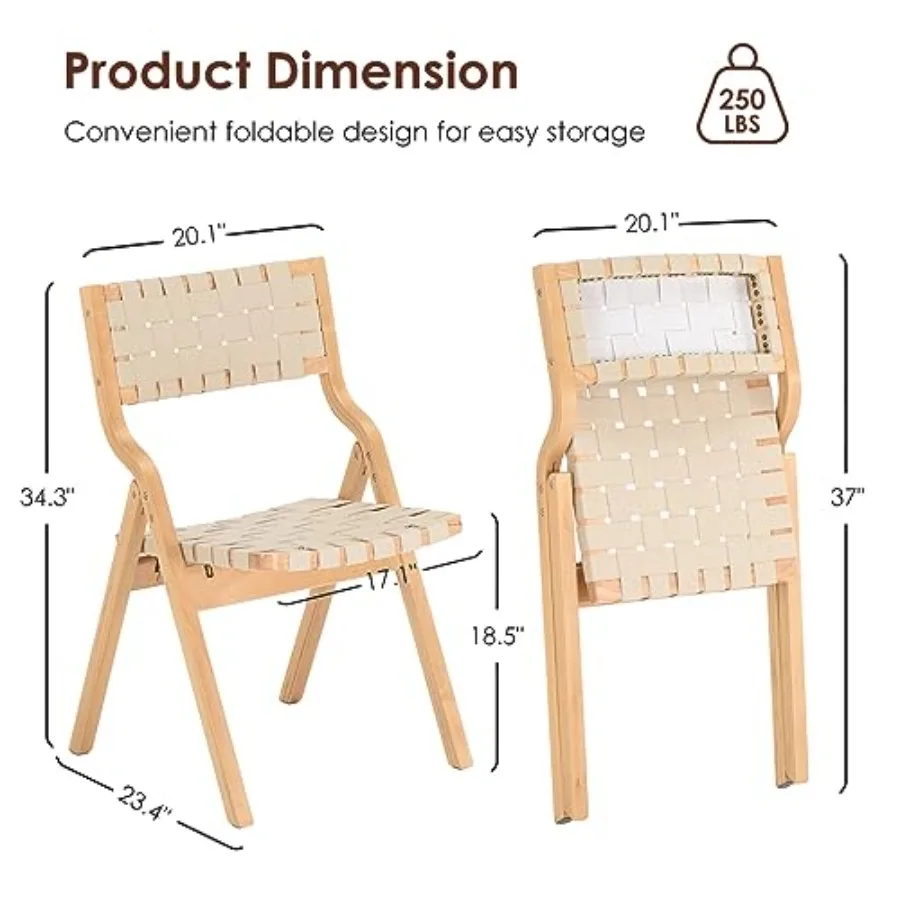 Wood Folding Chairs for indoor dining room and kitchen use, natural wood material, beige woven seat and webbing back, stackable