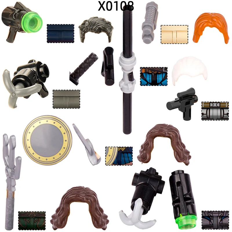 Conjunto de Blocos de Montar MOC X0108: Peças de Ação com Armas, Calças, Acessórios de Cabelo, Espadas, Capas, Escudos, Tridentes e Ganchos – Brinquedos e Presentes