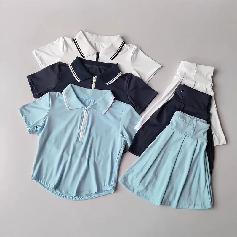 Neues Damen-Sommer-Tennis-Outfit, Kurzes Poloshirt, Kurzärmeliges Sporttop Kombiniert mit Plissiertem Anti-Blend-Rockhosen-Set – Detail 18