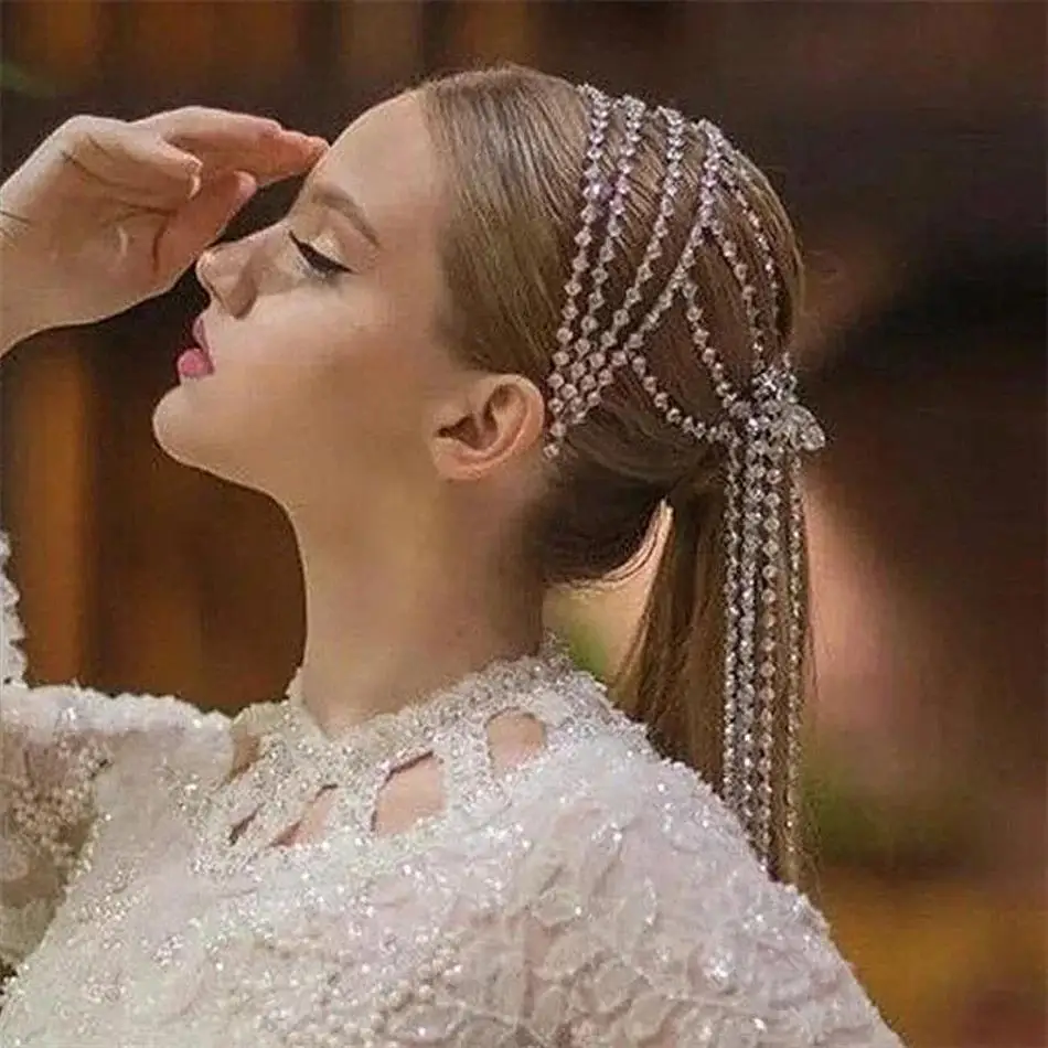

Womens Fashion Rhinestone Headband Long Tassel Crystal Hair Accessories Fashion Wedding Headdress Creative Gift