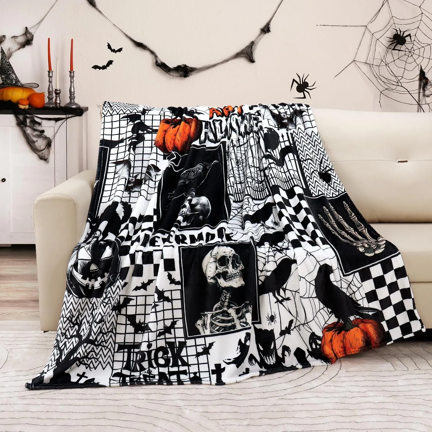 1pc Pumpkin Ghost Skull Blanket for Couch Soft Cozy Throw Gift Halloween X-mas Flannel Blankets Festival Gifts Four Season Use